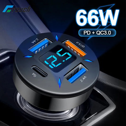 66W 4 Ports USB Car Charger with Display Screen